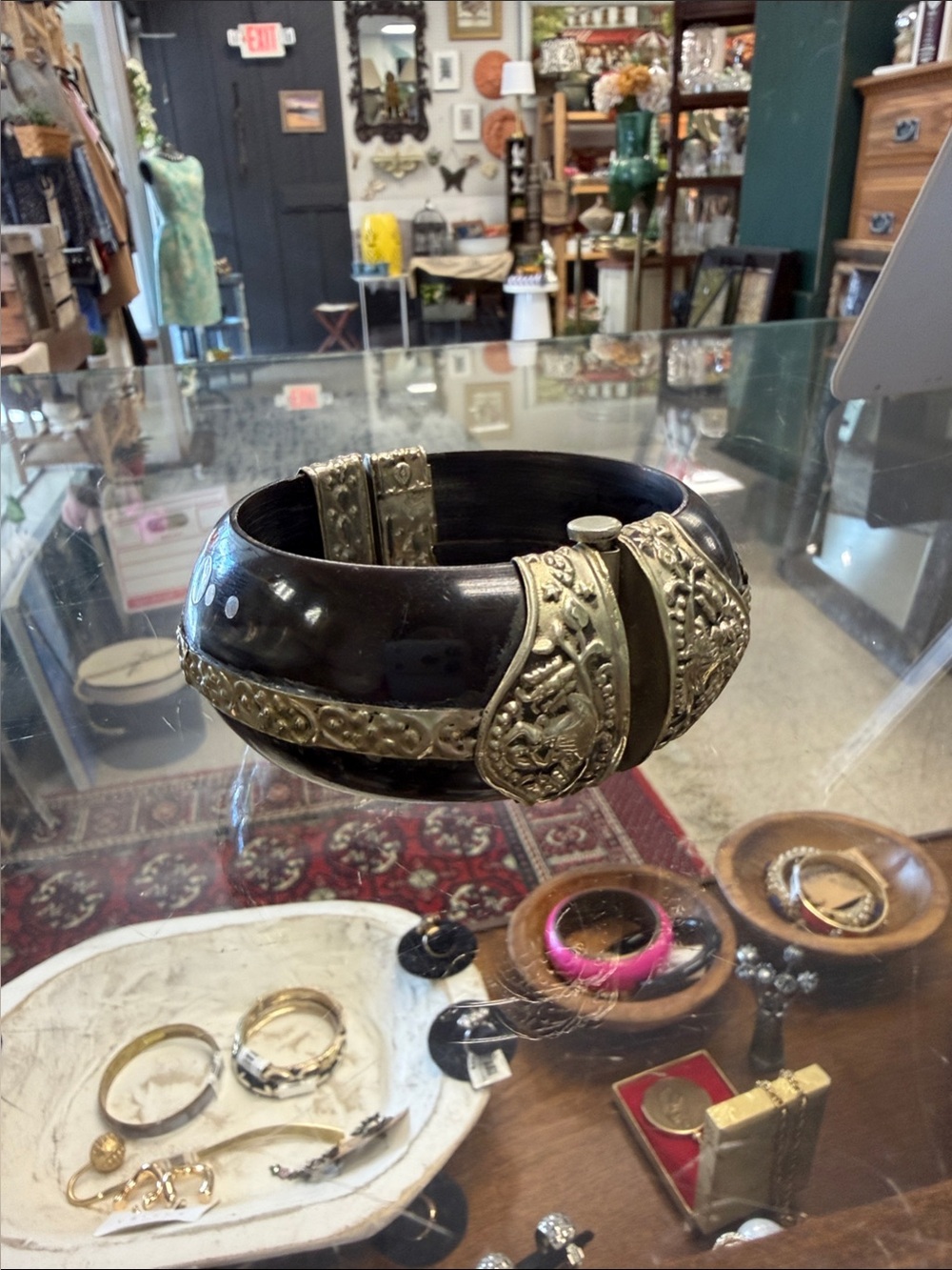 Dark Wooden and Bone Bangle Bracelet with Ornate Accents